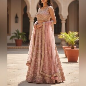 Elegant Pink Embroidered Skirt Set